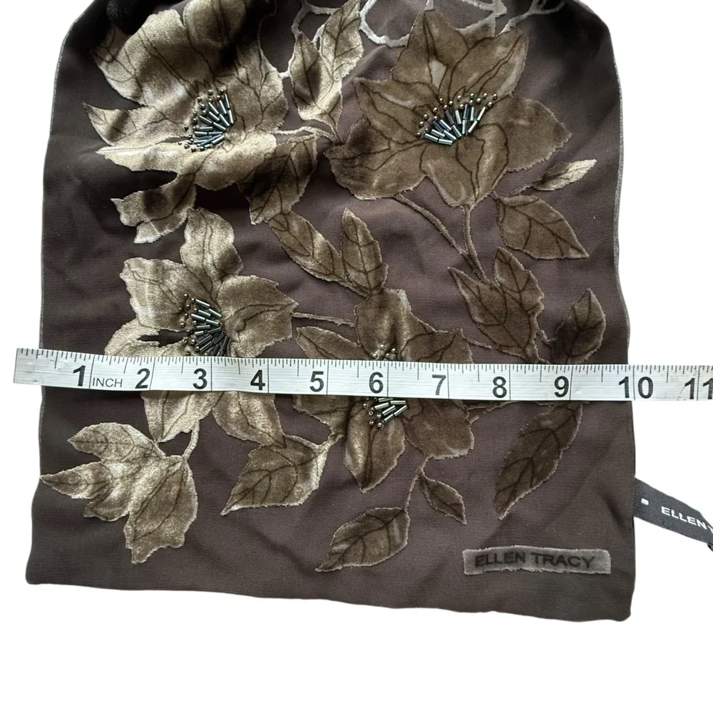 Ellen Tracy Brown Silk Velvet Beaded‎ Floral Embroidered Scarf